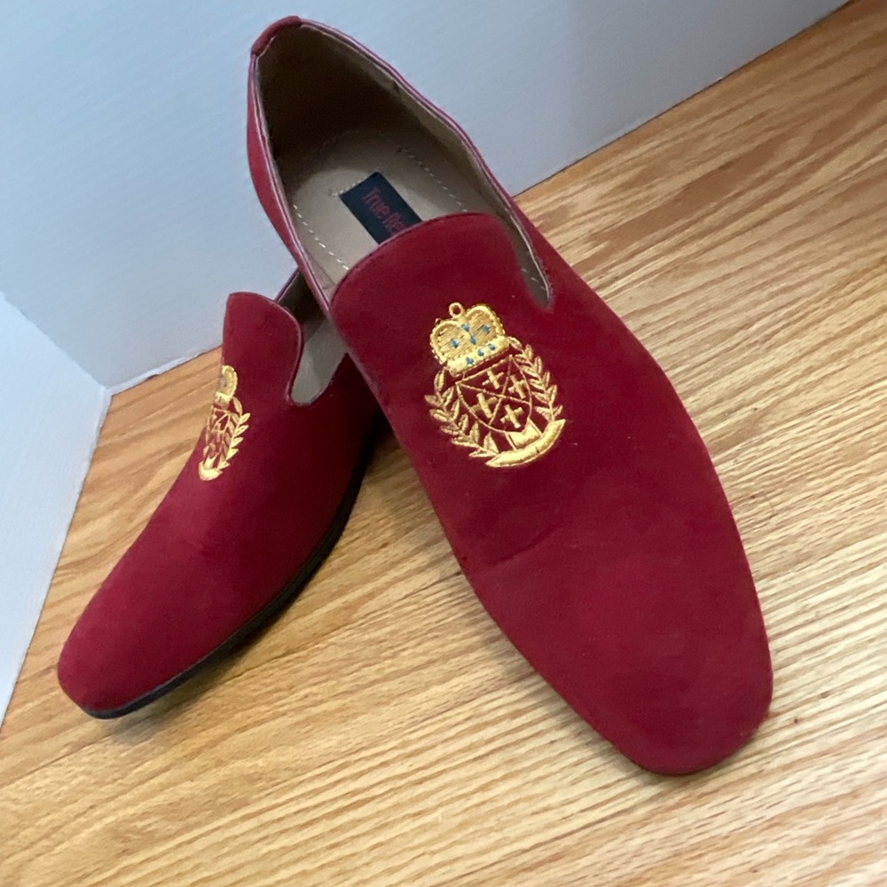 True Republic red loafers with gold crest on the toe